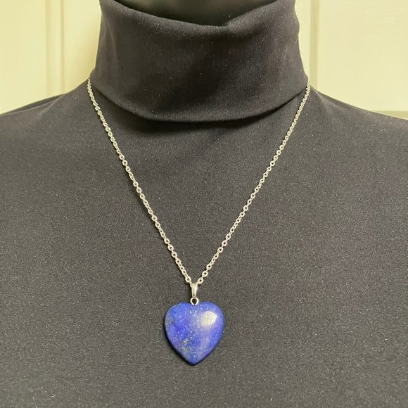 Genuine Lapis Lazuli Gemstone HEART Pendant 18 inch Stainless Steel Chain - Picture 4 of 16